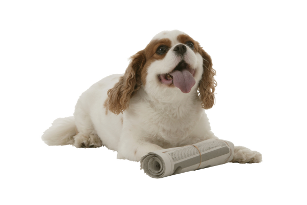 small white dog with newspaper